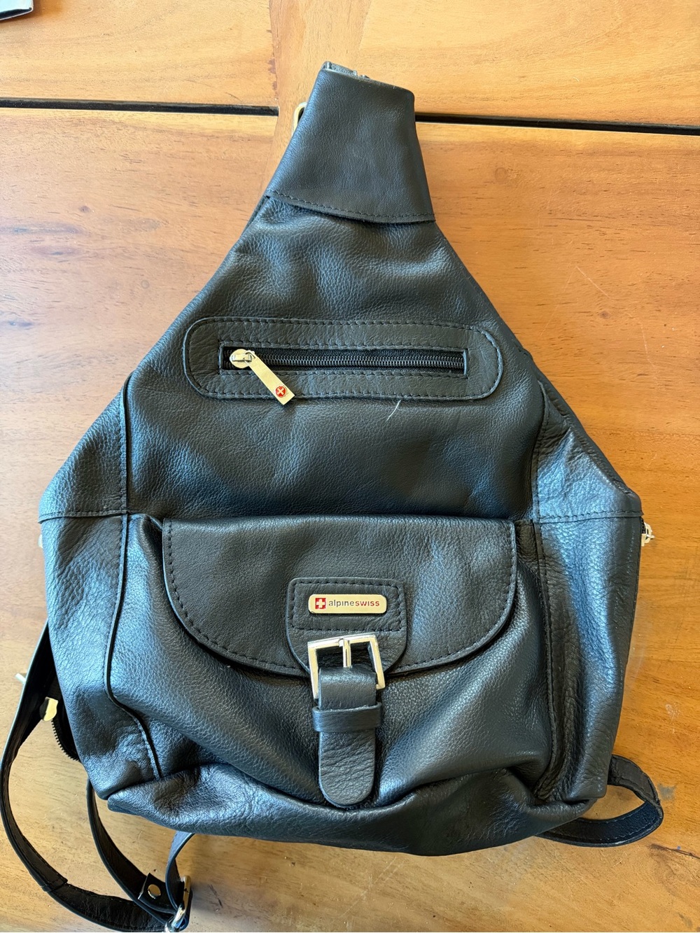 alpine swiss Black Leather Sling Convertible Backpack